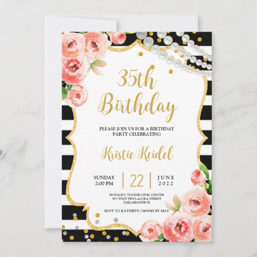 ローズ＆パール 誕生日パーティー招待状 招待状 (正面)