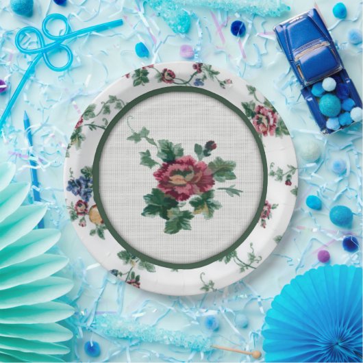 ローズ フェイククロスステッチ ペーパープレート (パーティー)