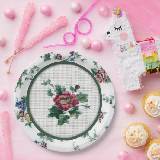 ローズ フェイククロスステッチ ペーパープレート (パーティー)