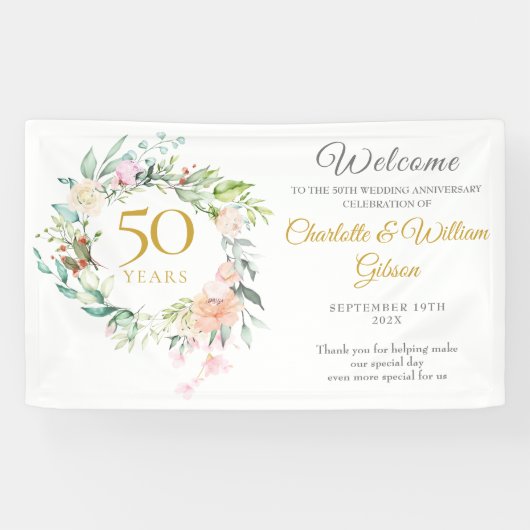 ローズ フラワーのガーランド 50周年 ウェルカム 横断幕 (横)