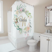 ローズ フラワーズ エレガント ゴールド スクリプト モノグラム シャワーカーテン (インサイチュ)