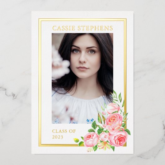 ローズ フラワーズ 4 フォト コラージュ ゴールド フレーム 卒業式 箔招待状 (正面)