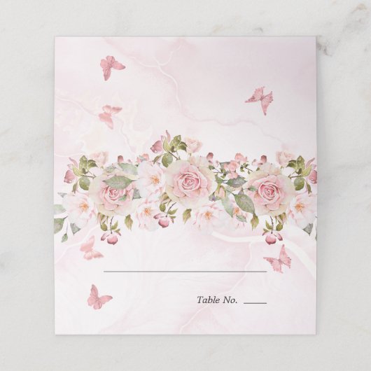 ローズ フラワーバタフライ フラワーズ | ピンク大理石 プレイスカード (外部開封)