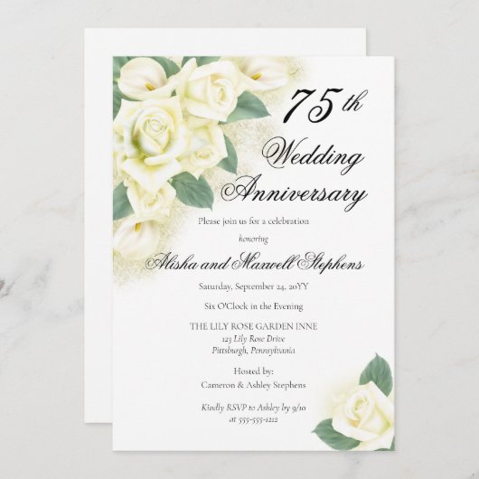 ローズ フラワーブーケ 75周年 結婚記念日 パーティー 招待状 (正面/裏面)