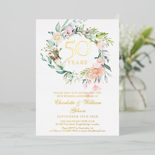 ローズ フラワーリース 50周年 結婚記念日 ゴールド 箔招待状 (立ち正面)