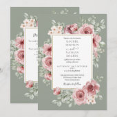 ローズ フラワーレース QRコード セージグリーン ウェディング 招待状 (正面/裏面)