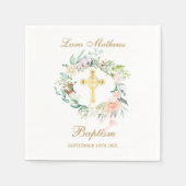 ローズ フローラル ガーランド ゴールド クロス 洗礼 誕生 スタンダードカクテルナプキン (正面)