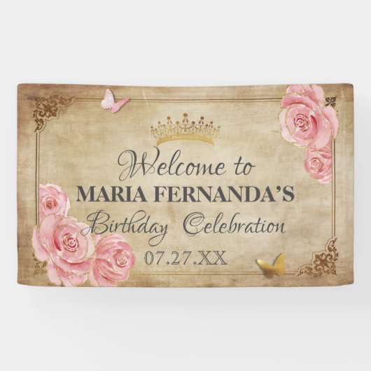 ローズ ブラッシュ ピンク バタフライ クラウン ゴールド キンセアニエラ 横断幕 (横)