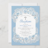 ローズ ベイビーブレス ブルー ホワイト エレガント 男の子 洗礼 招待状 (正面)
