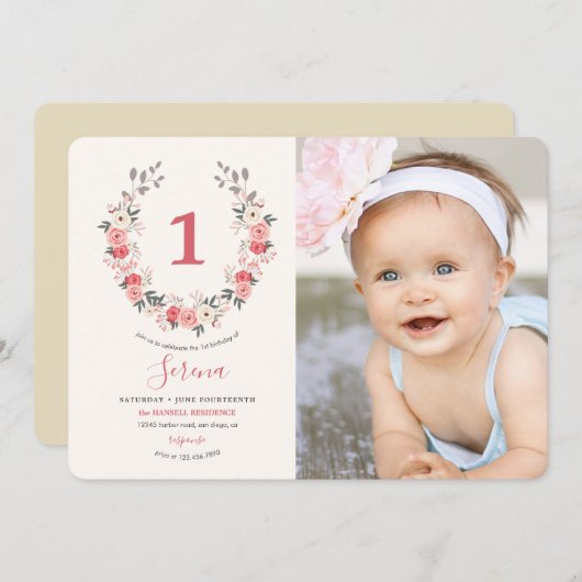 ローズ wreath 初誕生日 招待状 (正面/裏面)