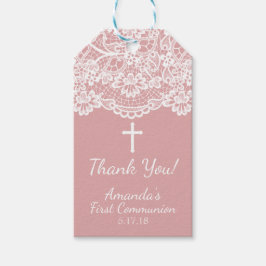 ローズPInkビンテージレース第1コミュニオンギフトタグ ギフトタグ