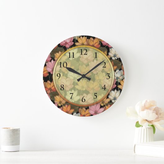 ロータスウォーターリリーピンクイエローホワイトグリーンフローラ ラージ壁時計 (ホーム)