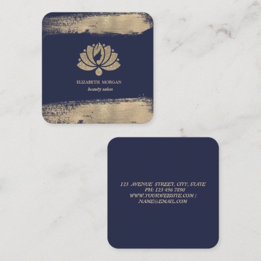 ロータスエレガントフェイク金ゴールドブラシストローク美しいサロン スクエア名刺 (正面/裏面)