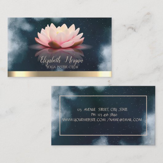 ロータスエレガント金ゴールドストライプネイビーブルーヨガ 名刺 (正面/裏面)