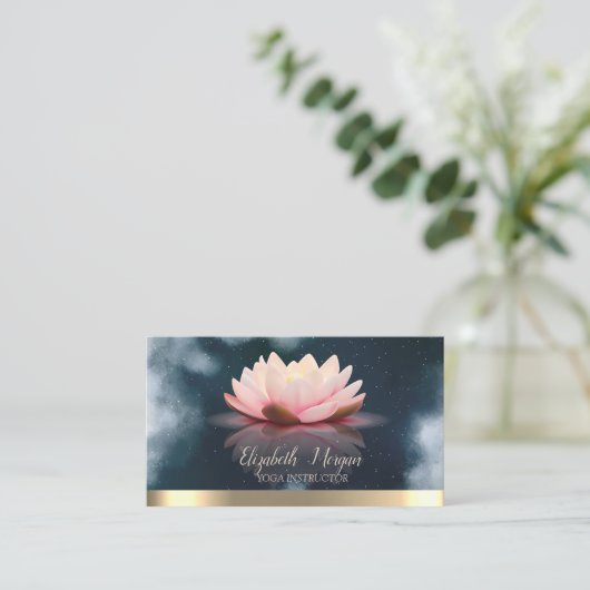 ロータスエレガント金ゴールドストライプネイビーブルーヨガ 名刺 (スタンド正面)