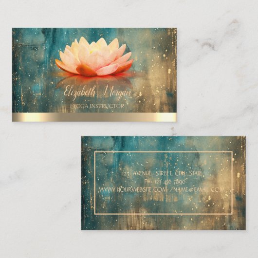ロータスエレガント金ゴールドストライプヨガグランジインストラクター 名刺 (正面/裏面)
