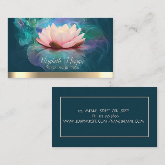 ロータスエレガント金ゴールドストライプヨガホログラフィックインク 名刺 (正面/裏面)