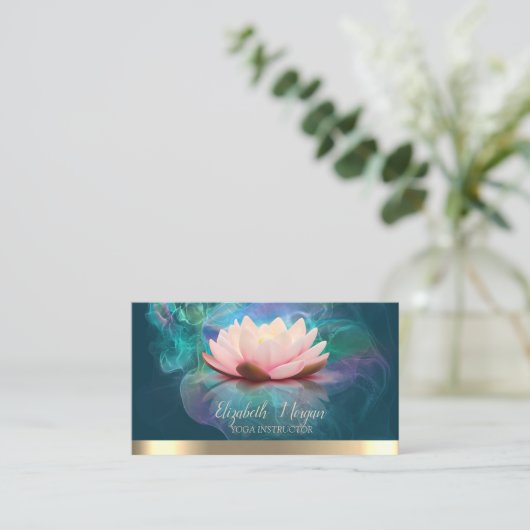 ロータスエレガント金ゴールドストライプヨガホログラフィックインク 名刺 (スタンド正面)