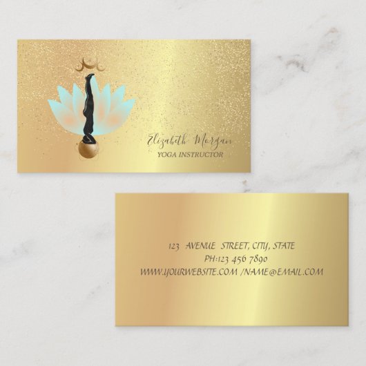 ロータスエレガント金ゴールド紙吹雪ヨガシルエットムーン 名刺 (正面/裏面)