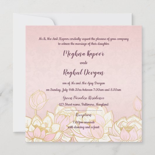 ロータスピエレガントンクインディアンダマスクウェディング 招待状 (裏面)