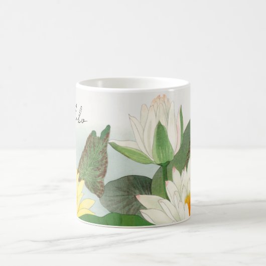 ロータスフラワーアンティーク日本のファインアートスクリプト名 コーヒーマグカップ (中央)