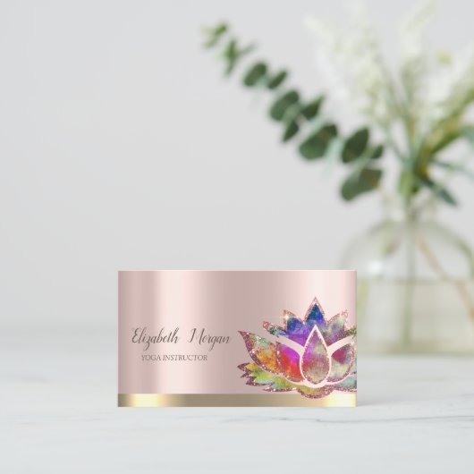 ロータスフラワーカラフルバラ金ゴールドヨガインストラクター 名刺 (スタンド正面)