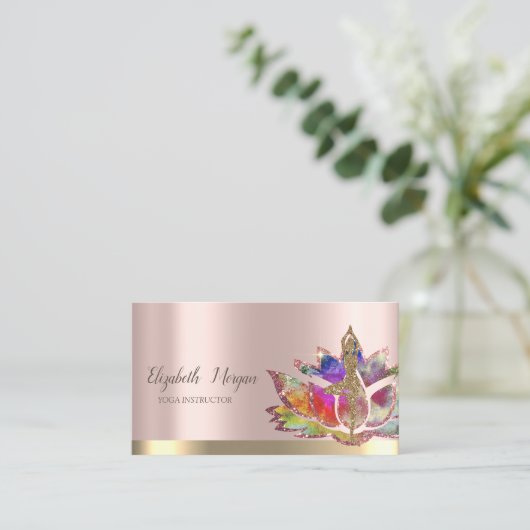 ロータスフラワーカラフルバラ金ゴールドヨガガガール 名刺 (スタンド正面)