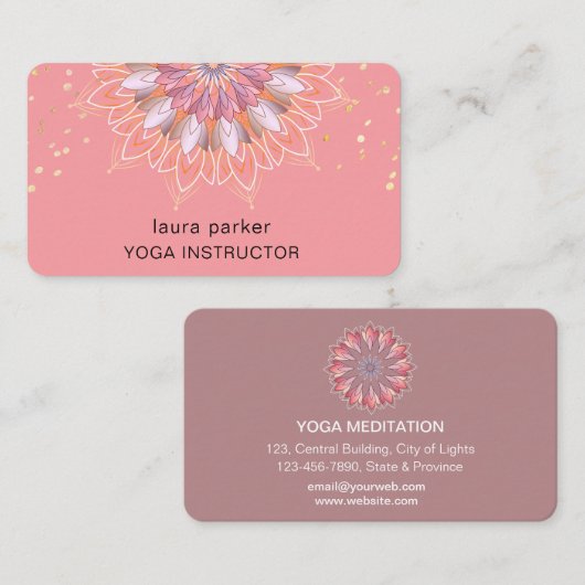 ロータスフラワーバラ金ゴールドエレガントヨガ瞑想 名刺 (正面/裏面)