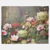 ロータスフラワーフィールド植物水彩 フリースブランケット (正面(横))