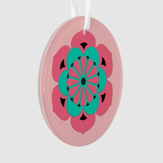 ロータスフラワーマンダラコーラルピンクとターコイズ オーナメント (正面)