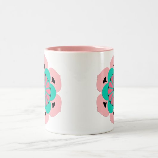 ロータスフラワーマンダラコーラルピンクとターコイズ ツートーンマグカップ (中央)