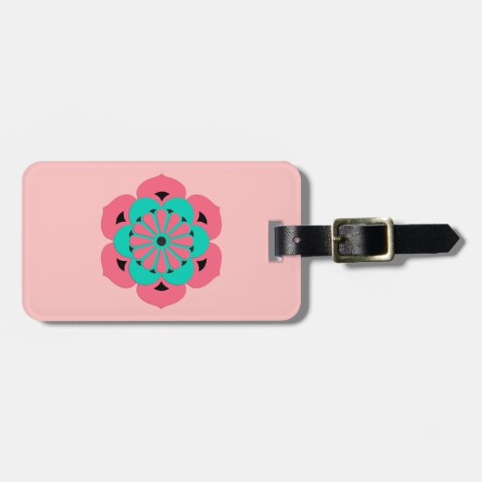 ロータスフラワーマンダラコーラルピンクとターコイズ ラゲッジタグ (正面横)