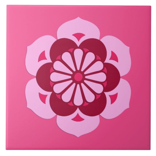 ロータスフラワーマンダラ、明るい赤紫色ピンクとブルゴーニュ タイル (正面)