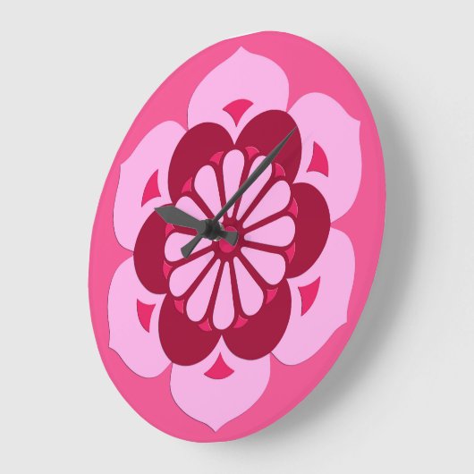 ロータスフラワーマンダラ、明るい赤紫色ピンクとブルゴーニュ ラージ壁時計 (傾斜)