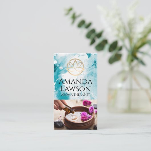 ロータスフラワーロゴ | アロマセラピー油 名刺 (スタンド正面)