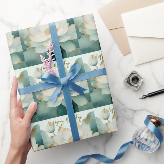 ロータスフラワー金ゴールドエッジハッピーバースデー ラッピングペーパー (ギフト)