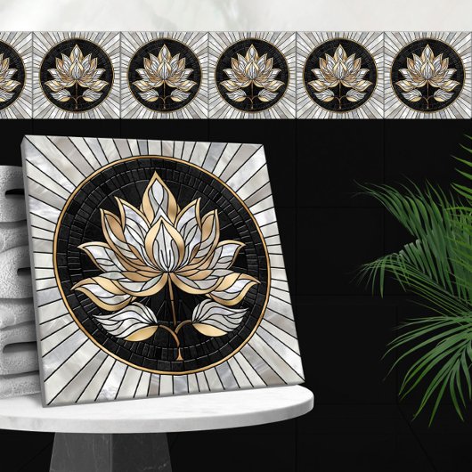 ロータスフラワー – ブラック、パール、金ゴールド タイル