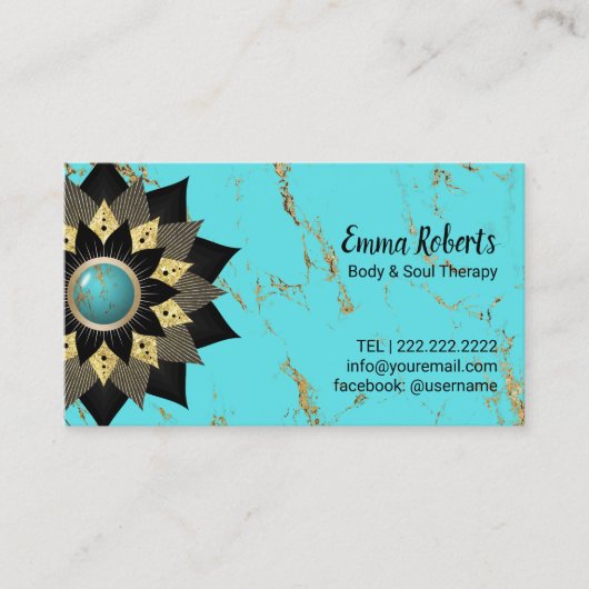 ロータスブラック&金ゴールドフラワーターコイズヨガセラピスト 名刺 (正面)