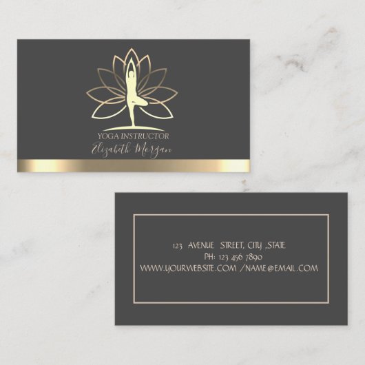ロータス，金ゴールドウィメンシルエット，ヨガインストラクター 名刺 (正面/裏面)