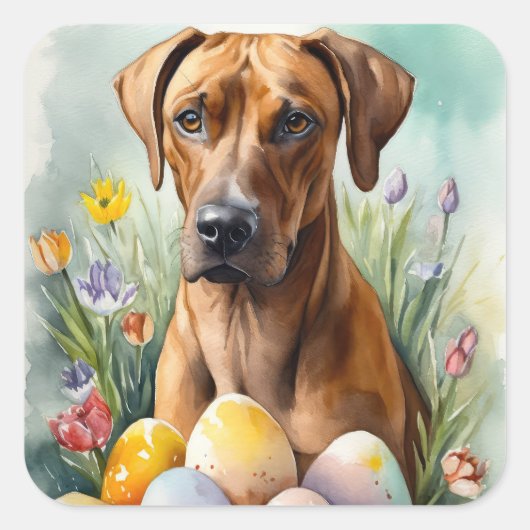ローデシアンのリッジバックドッグとイースターエッグホリデー スクエアシール (正面)