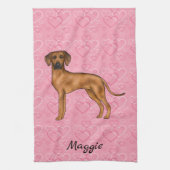ローデシアンのリッジバックドッグのピンクのハートの名前 キッチンタオル (縦)