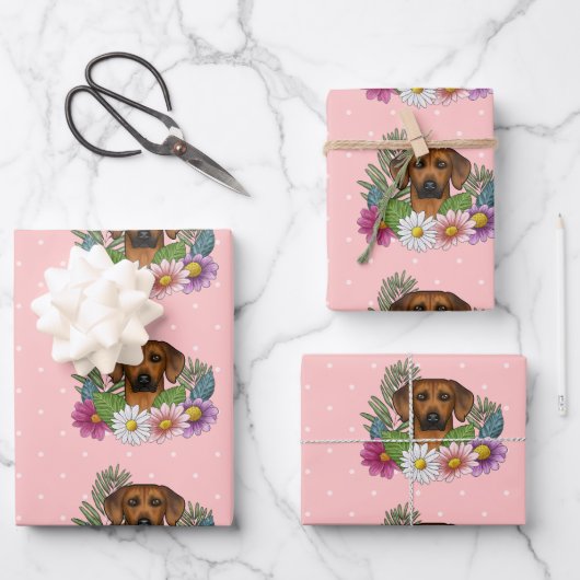 ローデシアンのリッジバック犬の頭カラフル花ピンク ラッピングペーパーシート (正面)