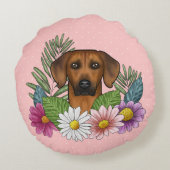ローデシアンのリッジバック犬の頭カラフル野花 ラウンドクッション (裏面)