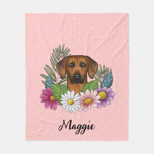 ローデシアンのリッジバック犬カラフルの野生の花ピンク フリースブランケット (正面)