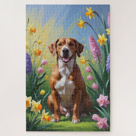 ローデシアン・リッジバックの犬 春の花の絵画 ジグソーパズル (縦)