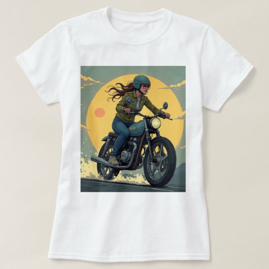 ロードを疾走するレディースバイカー Tシャツ (デザイン正面)