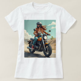 ロードを走るレディーバイカー Tシャツ