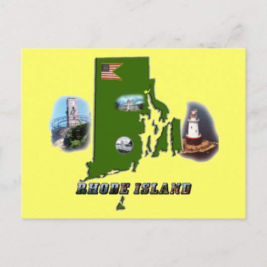 ロードアイランドの地図、写真と文字 ポストカード (正面)