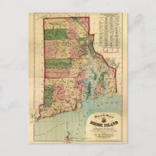 ロードアイランド&プロビデンスプランテーションの地図(1880) ポストカード
