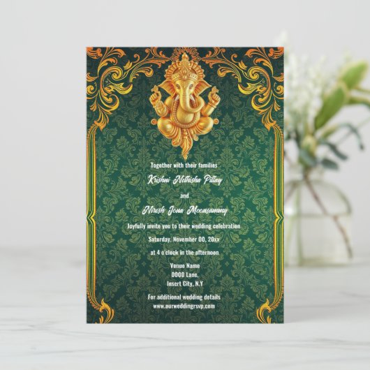 ロードガネッシュグリーン金ゴールドペイズリーラグジュアリーインディアン 招待状 (スタンド正面)